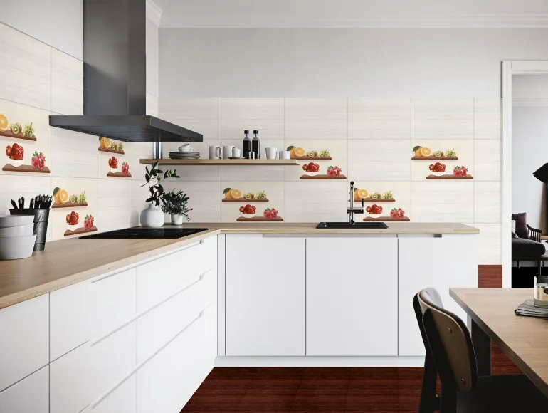 Elegant Beige kitchen design with a sink with cabinets and chimney